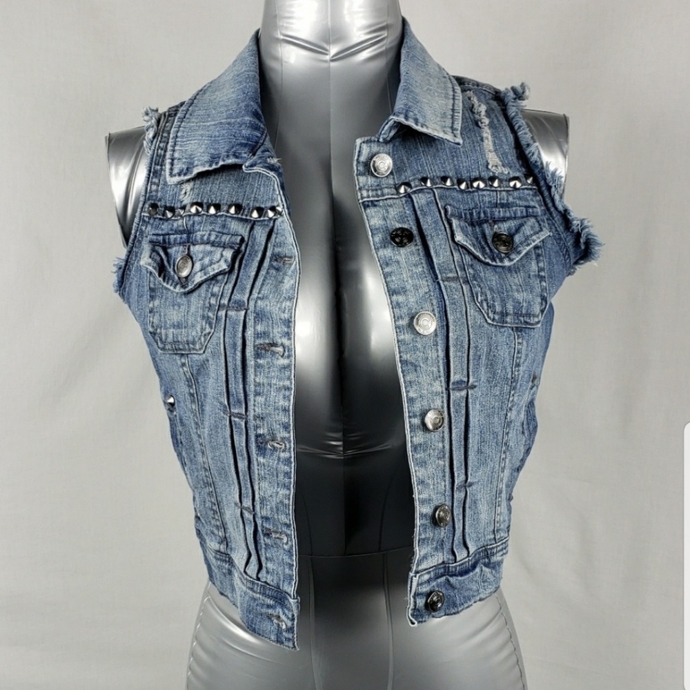 Chocolate Denim Cut Off Spiked Vest - Picture 4 of 6